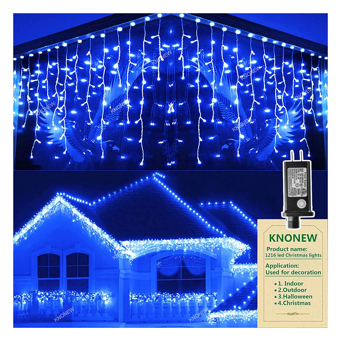 KNONEW Outdoor Decorative String Lights, 1216 LED, 99ft, 8 Modes, Clear Wire, Blue ??? Christmas, Wedding, and Holiday Decorations