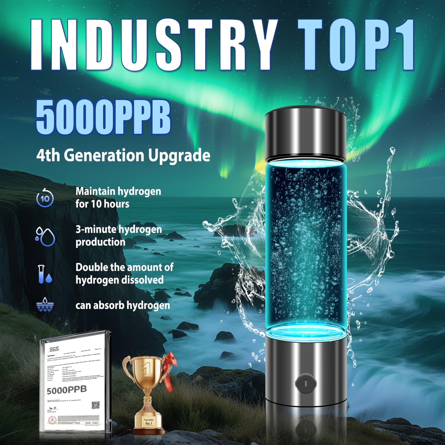 2025 New Hydrogen Water Bottle-Hydrogen Concentration up to 5000 PPB【SGS-Certified Hydrogen Generator】2025 SPE/PEM Technology Odorless Double Hydrogen Content for Sports/Home/Office/Travel HC2