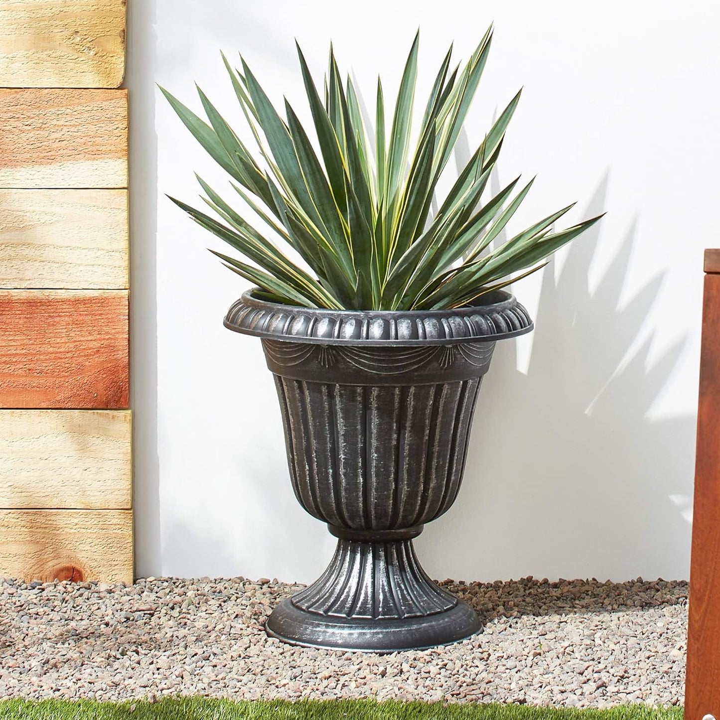 PL00SL Classic Traditional Plastic Urn Planter, Indoor/Outdoor Garden Plant Pot Garden Décor, 16” x 18”, Brushed Silver