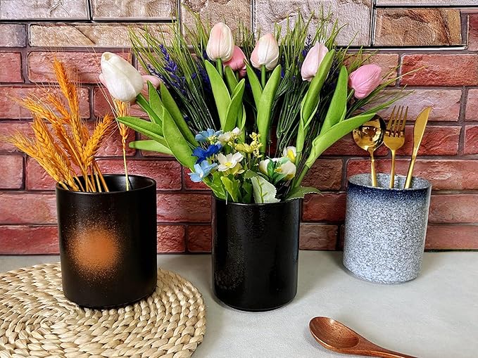 Short Kitchen Utensil Holder for Kitchen Counter Cooking Utensil Holder for Countertop Spatula Holder Small Utensil Crock Cutlery Holder Silverware Caddy Flower Vase (Retro Black)