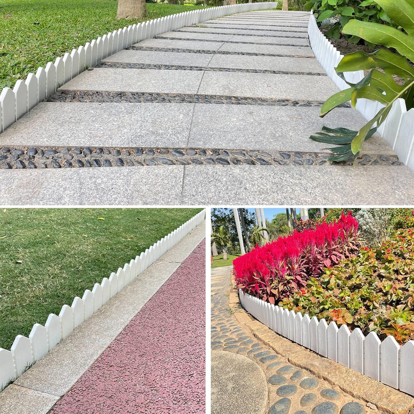 Landscape Edging Kit 6.7 in Tall Decorative Double-Sided Wood-Look Fence Garden Border, Flower Bed Edging with 30 Anchoring Spikes, 13.9 Foot Kit (White)