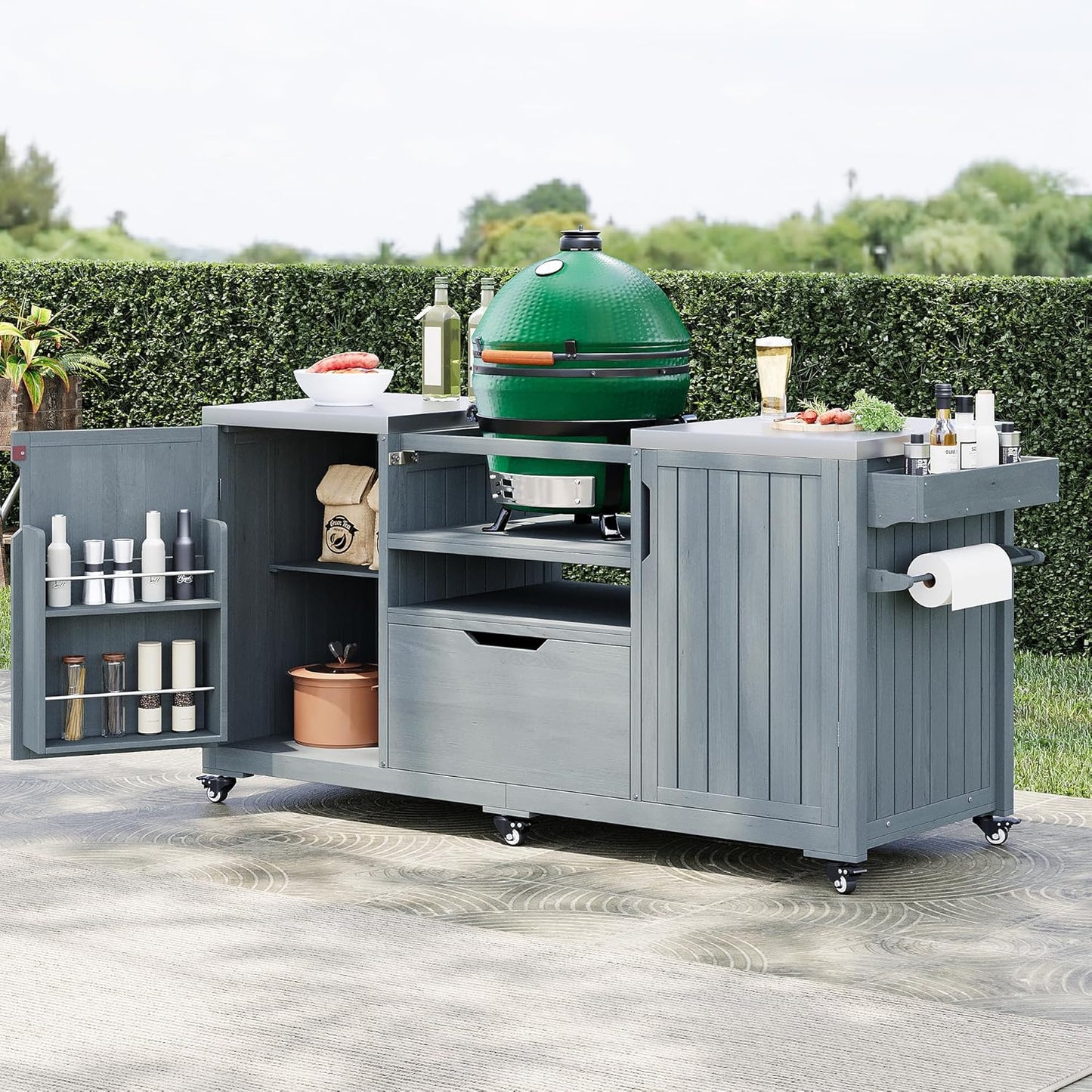 Merax 66.5" Outdoor Grill Table for Big Green Egg, Farmhouse Kitchen Island on Wheels with Stainless Steel Tabletop, Drawer and Spice Rack, Solid Wood Outdoor Storage Cabinet for Backyard, Grey Blue