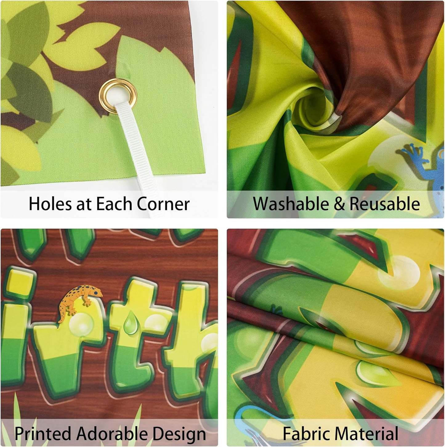 Reptile Jungle Birthday Banner Backdrop - Vinyl Photo Background with Snakes Frogs Chameleons Lizard, Reptile Theme Birthday Party Decorations for Kids Boys Girls