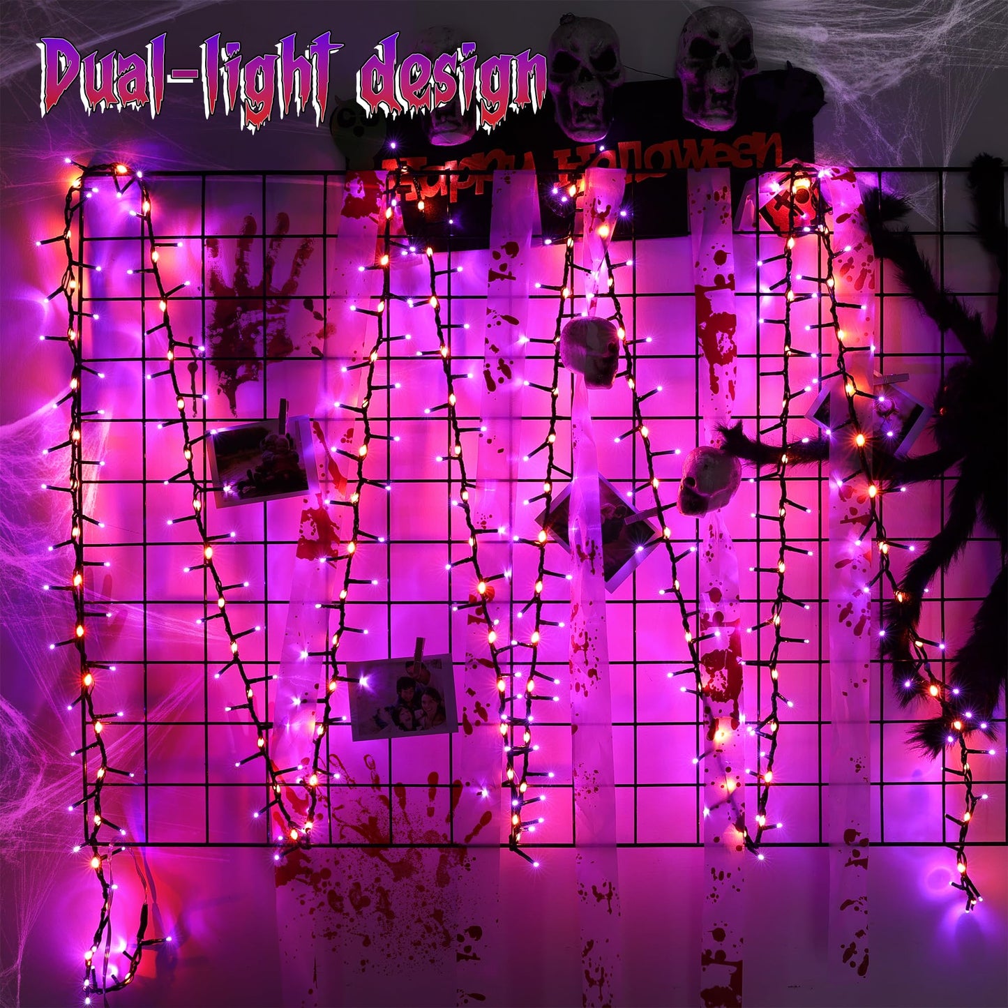 Brizled Halloween Lights, 372 LED Cluster, 17 Modes, 19.6FT, Waterproof, Orange & Purple, Model FTC-372MC-18