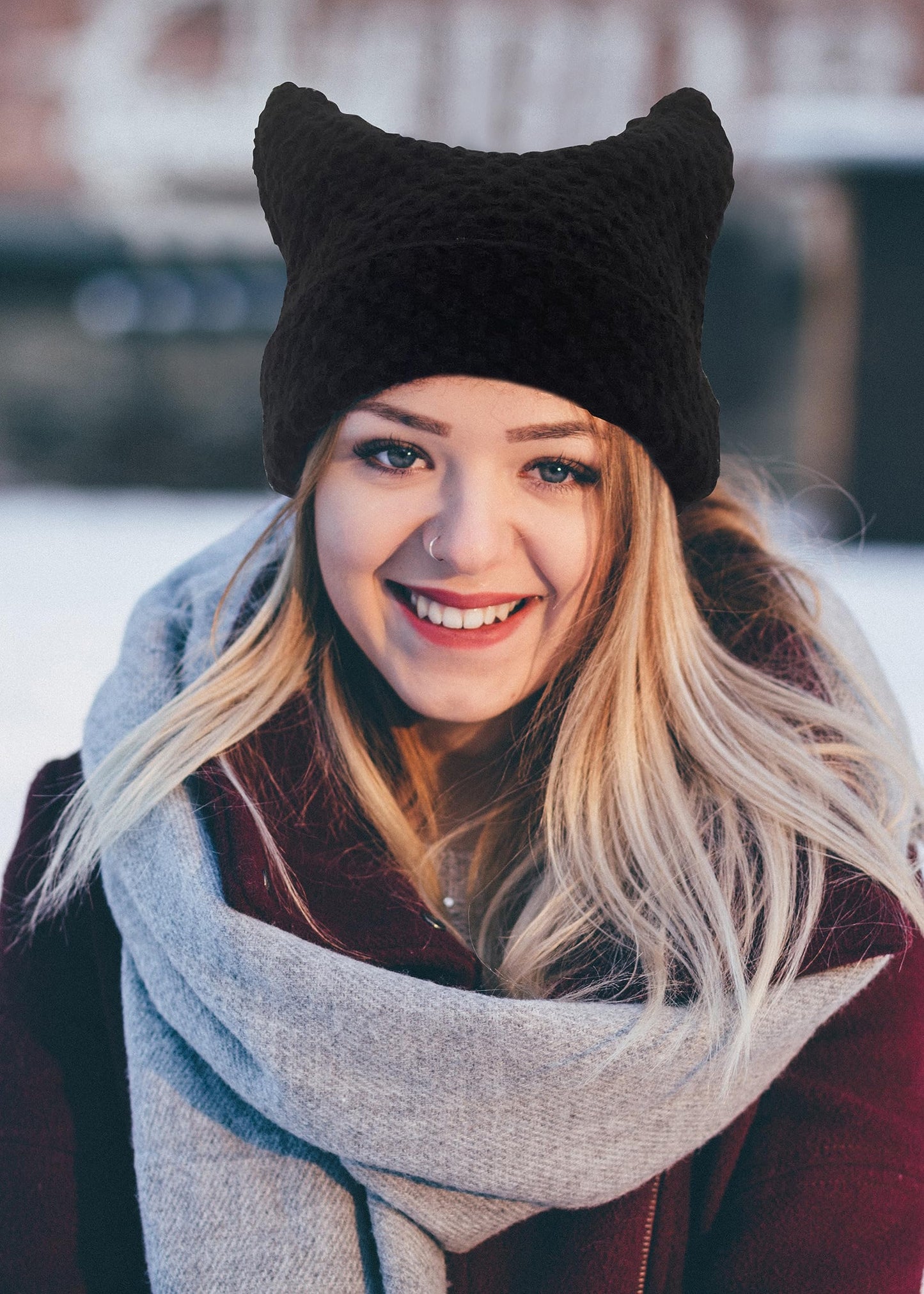 Women Striped Beanie Hat with Little Devil Horn Winter Warm Cap Cute Cat Ears Knitted Hat Fall (Black and White)