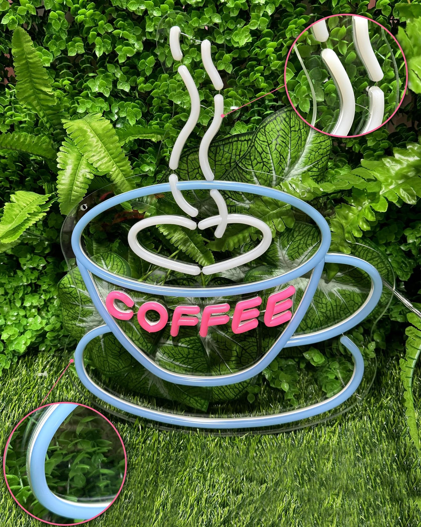 YALLOVE Coffee Neon Sign, Dimmable LED Wall Decor, Acrylic, Ice Blue/Rose/White, Cut to Shape, 16.5x13x0.43 inches