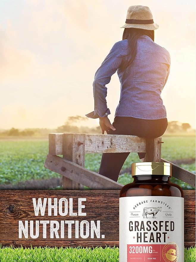 Carlyle Grass Fed Beef Heart Supplement | 3200mg | 200 Count | Desiccated Pasture Raised Bovine Capsules | Non-GMO, Gluten Free | by Herbage Farmstead