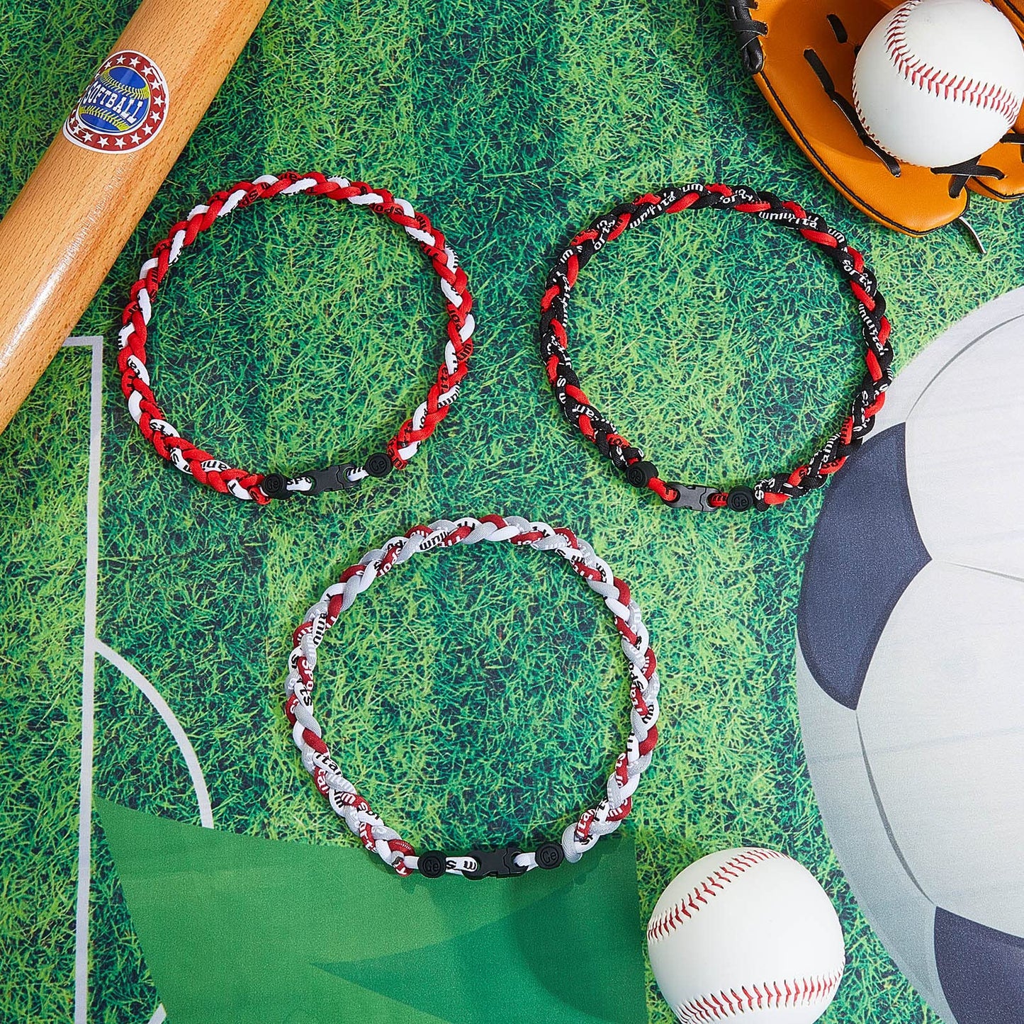 Junkin 3 Pcs Baseball Necklaces Three Braided Rope Titanium Necklace for Team Gifts Boys Men Player Softball Fans Sports (Stylis