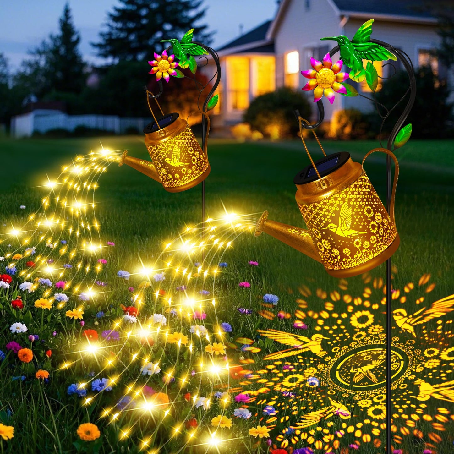 Christma Gifts Hummingbird Solar Watering Can Lights, Outdoor Waterproof Garden Lanterns with Shepherd Hook, Solar Garden Decor