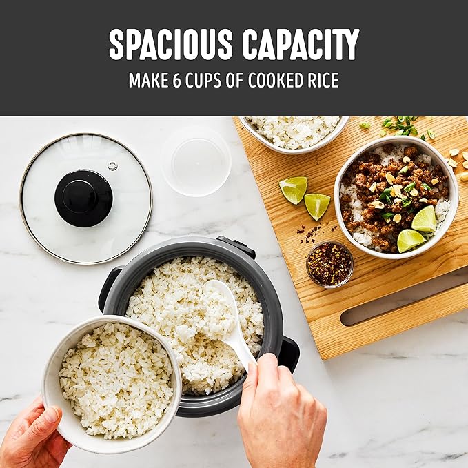 GreenLife Rice Cooker with Removable PFAS-Free Nonstick Pot, 3-Cups Uncooked/6-Cups Cooked, One-Switch Design, Auto Keep Warm Function, Soup, Grains, Oatmeal, Wood Handle, Black