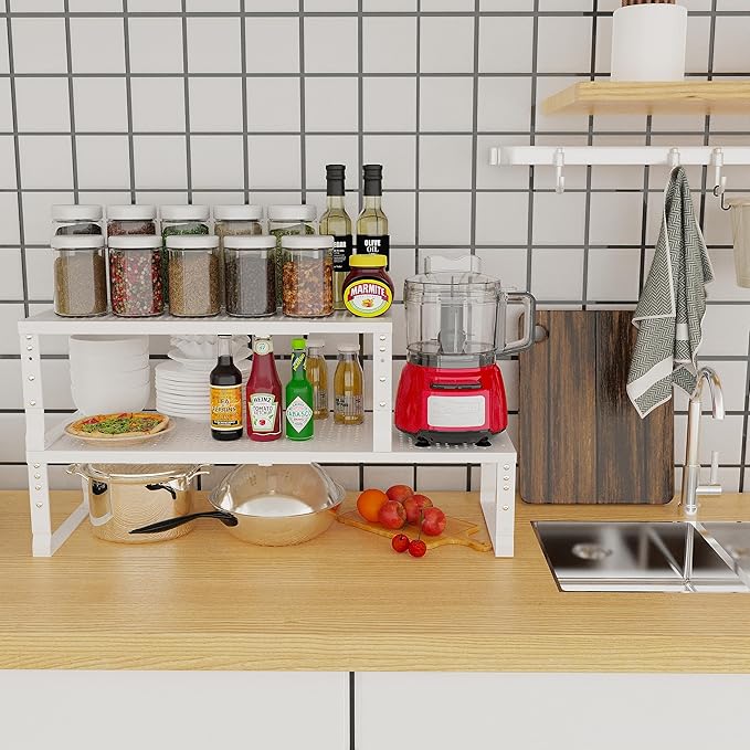 Expandable Adjustable Stackable Kitchen Organizer, Spice Rack,Metal Pantry Storage Shelves Racks,Counter Shelf for Cabinets, Countertop, Cupboard(2 Packs/Large/White)