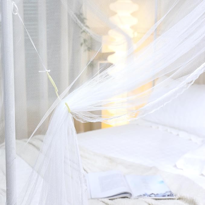 Bed Canopy, Princess Bed Curtain Net for Girls & Adults，Three-Doors Rectangle Lace Dome Netting (White, King)