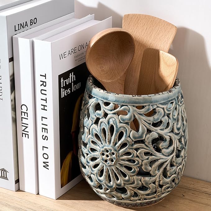 Farmhouse Kitchen Utensil Holder for Kitchen Counter, Ceramic Large Cooking Utensil Crock with Cork Mat, Countertop Cooking Tool Spatula Organizer, Antique Grayish Blue