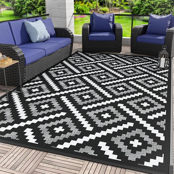 GENIMO Outdoor Rug for Patio Clearance, 6'x9' Waterproof Camping Mat, Reversible Plastic Straw Rugs for RV, Camper, Balcony, Backyard, Picnic, Deck (Mix Black White)