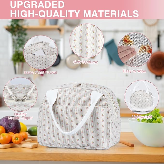 Lunch Bag - Insulated Lunch Box for Women, Reusable Large Capacity Cooler Bag for Adult, Small Leakproof Cute Corduroy Lunch Tote for Work Office Travel Picnic (Little Flower White)