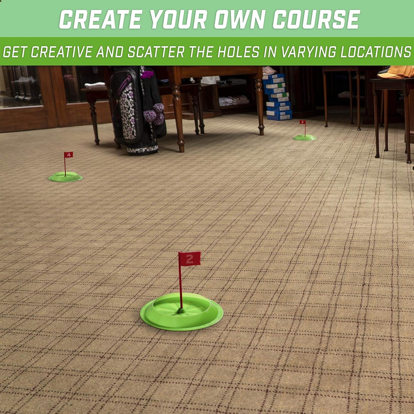GoSports Pure Putt Challenge Mini Golf Game - Build Your Own Course at Home, The Office or On The Green - Includes 9 Holes, 4 Balls, Dry-Erase Scorecard, Tote Bag & Rules