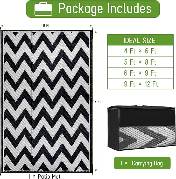 Easy-Going Reversible Outdoor Rugs 9x12ft Waterproof Plastic Straw Rug Stain & UV Resistant Floor Mat for Patio Porch RV Backyard Pool Deck Picnic Beach Trailer Camping (Waved Black & Light Grey)