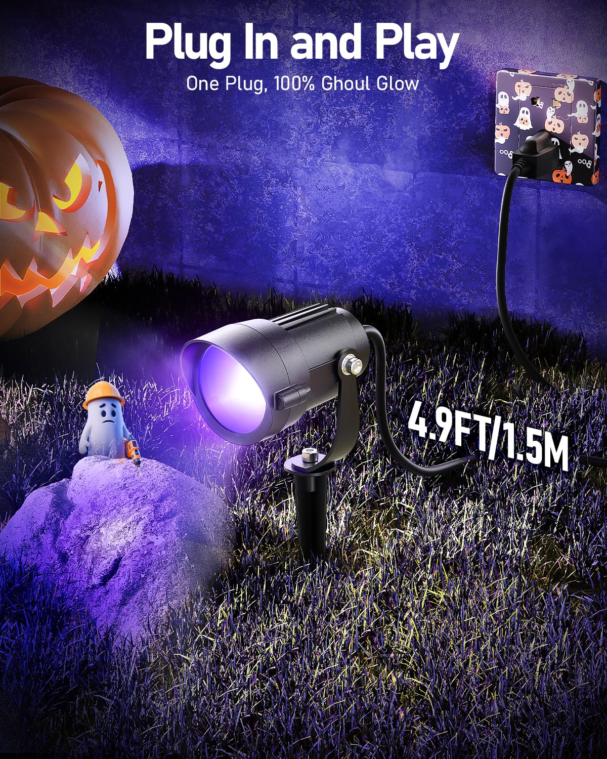 Hiboitec Halloween Black Light Spotlight Outdoor 12W Ip65 Waterproof Led Spot Lights Landscape Lighting With Us Plug For Glow Party Body discomfort-reducingt Yard Garden Decorations 4Packs
