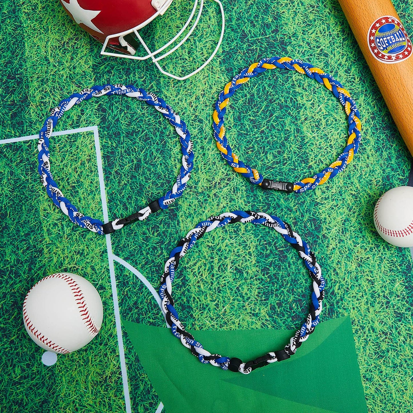 Junkin 12 Pcs Baseball Necklaces Three Braided Rope Titanium Necklace for Team Gifts Boys Men Player Softball Fans Sports (Vivid