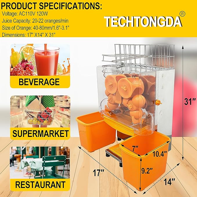 TECHTONGDA Commercial Juicer Machine, Orange Squeezer for 22-30 per Minute, Lemon Juice Extractor Citrus Juicer, Electric Orange Juice Machine with Pull-out Filter Box and 2 Peels Collecting Buckets