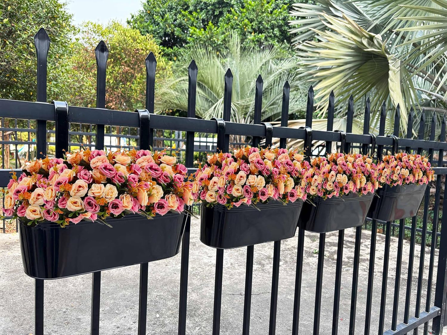 Hanging Planters for Outdoor Plants, 17" Railing Planter Pots, Metal Fence Flower Pot for Porch Balcony with Detachable Hook (Black, Pack of 2)