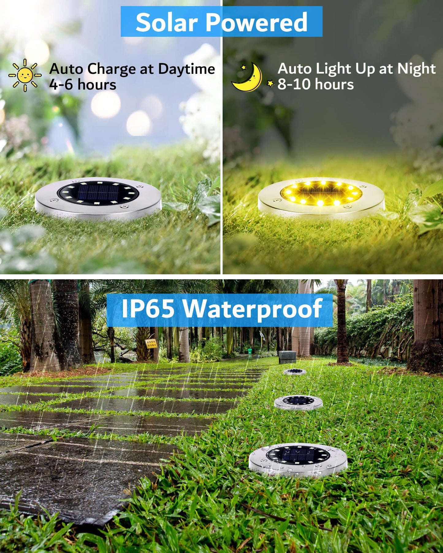 Biling Solar Ground Lights Outdoor, 8 Pack, Waterproof, 12 LEDs, Flat Landscape Lights, Warm White