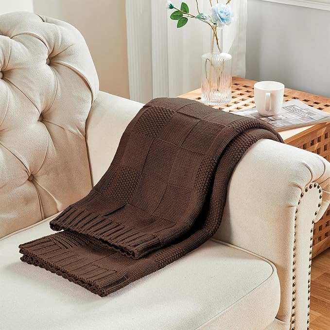 CozeCube Check Knit Throw Blanket, Dark Brown Checkered Throw for Couch, Decorative Christmas Soft Cozy Warm Knitted Blanket for Bed Sofa Living Room, 50"X60"
