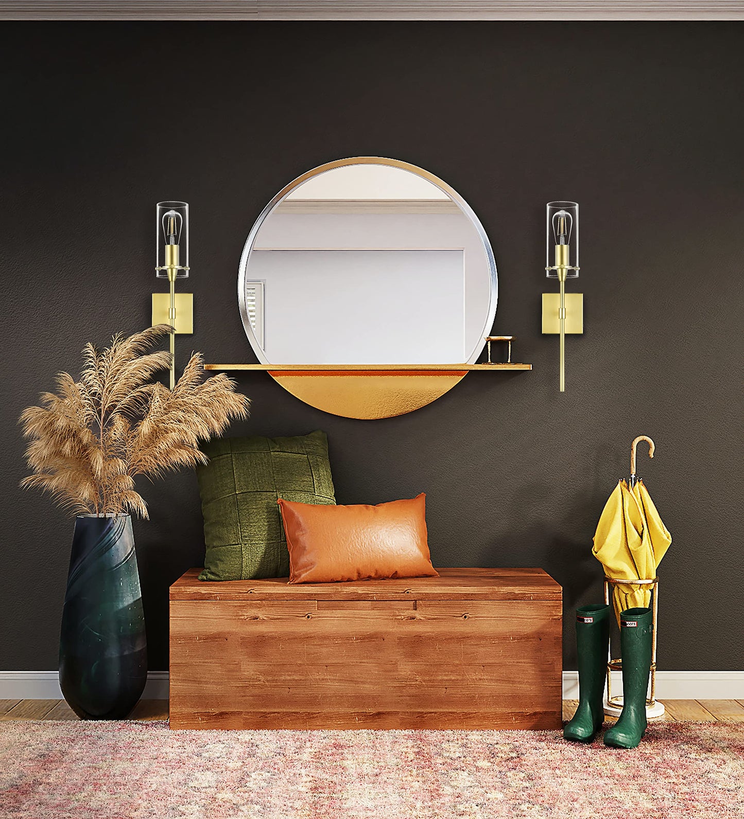 Linea di Liara Gold Wall Sconce Light Fixture, Satin Brass, Indoor Glass Bathroom Lighting, Model LL-WL31-SB