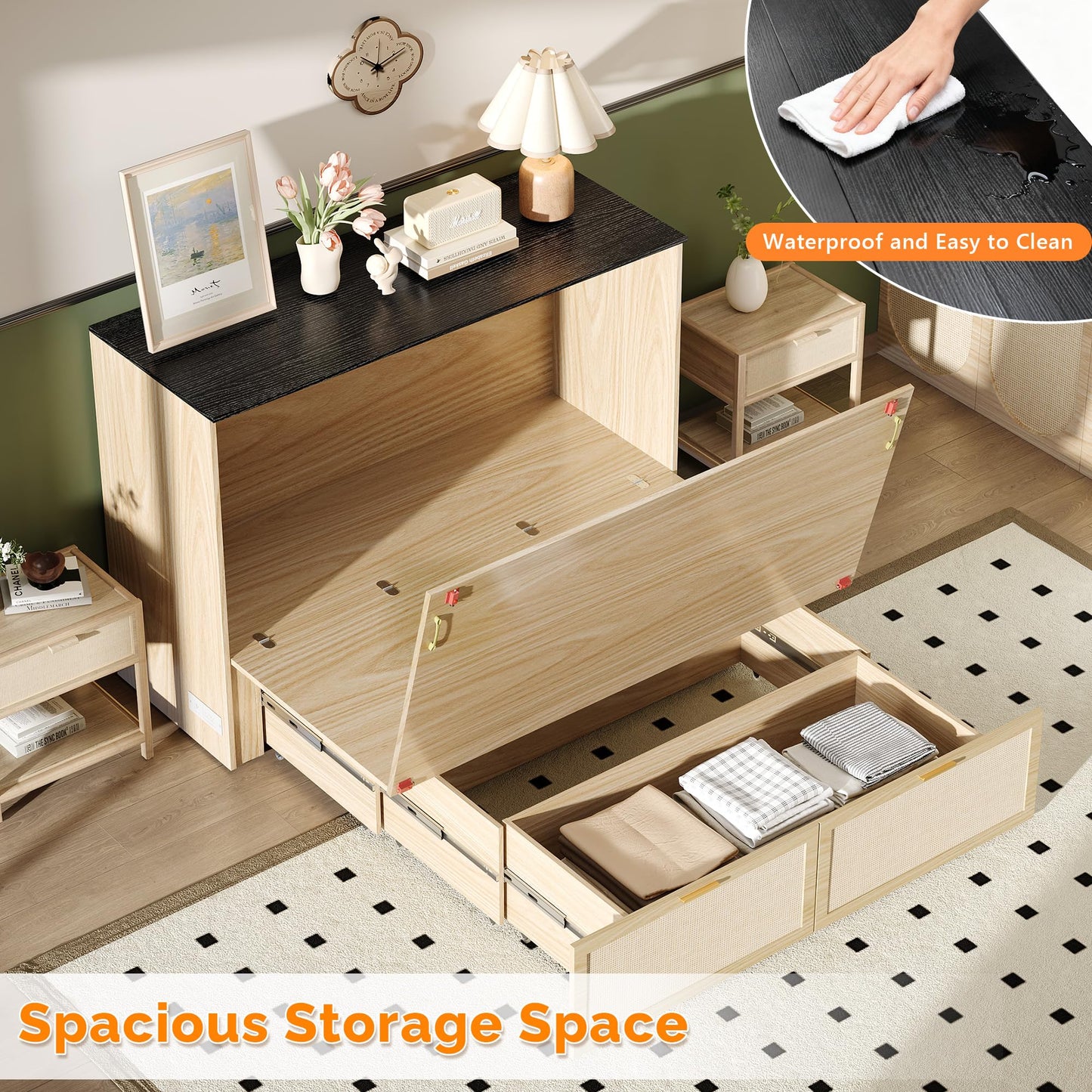 VINGLI Queen Size Rattan Murphy Bed with Storage Drawer,2 Charging Station, Boho,Hideaway Paltform Panel Bed for Small Spaces,Guest Room,Office,Apartment, Space-Saving Cabinet Bed,Oak White