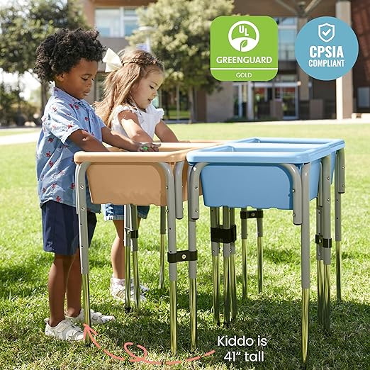 ECR4Kids 4-Station Sand and Water Adjustable Play Table, Sensory Bins, Sand/Powder Blue