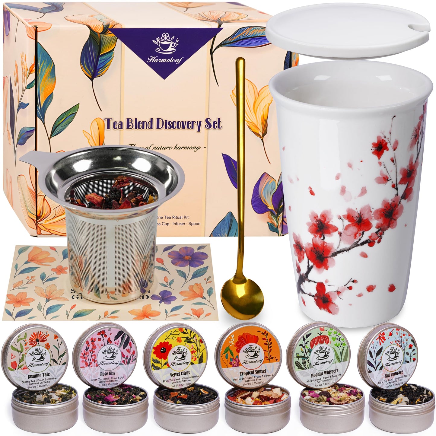Harmoleaf Tea Gift Set for Women - 6 Herbal Loose Leaf Tea Blends  Insulated Ceramic Cup with Infuser & Lid | Birthday  Mothers Day  Anniversary & Retirement Gift for Her