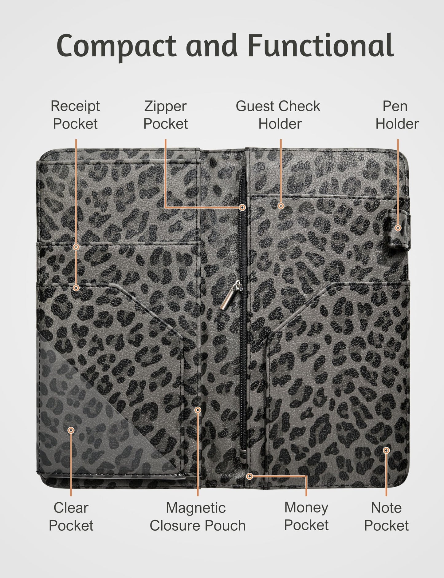 Server Book for Waitress Book with Zipper Pocket and Magnetic Closure, 5"×9" Grey Leopard Cute Server Wallet with Money Pocket, Restaurant Waitstaff Organizer Fit Server Apron