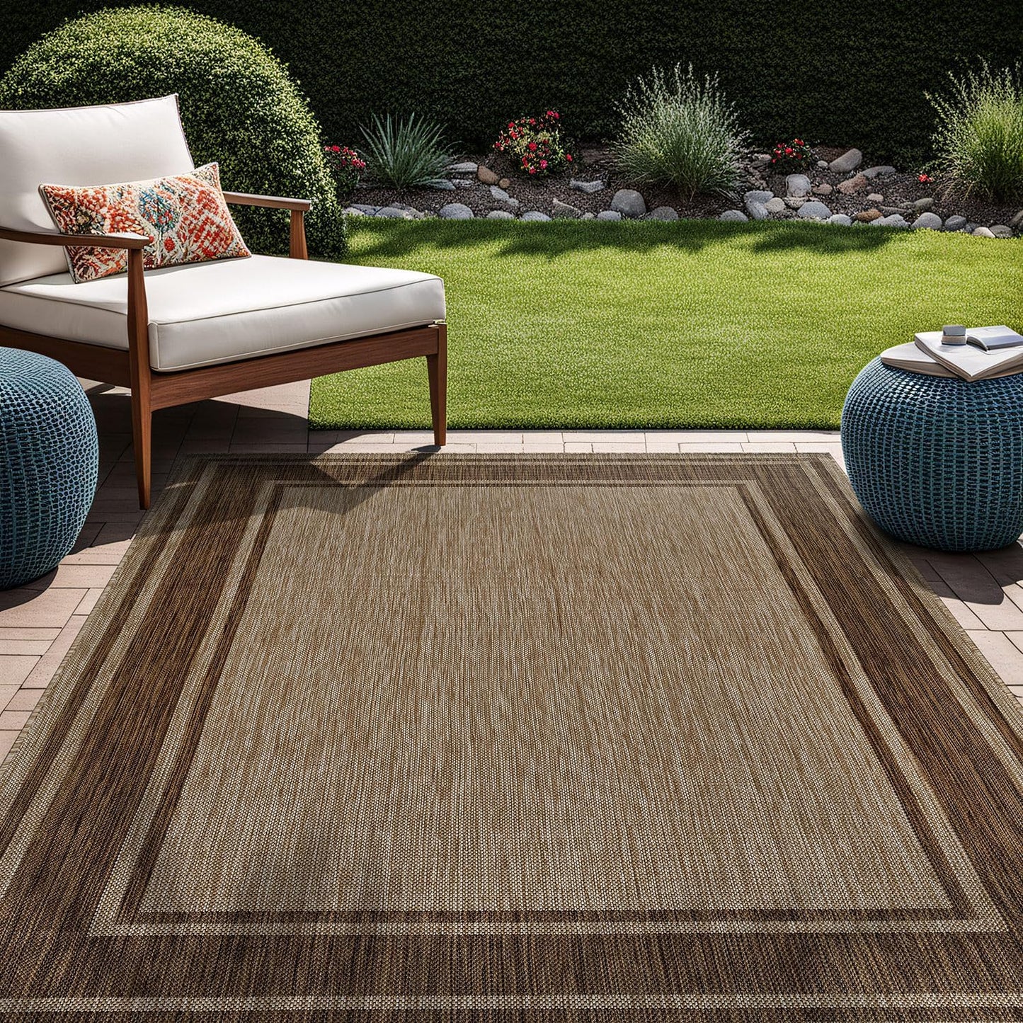 Beverly Rug Outdoor Rug 8x10 Modern Bordered Area Rugs for Indoor and Outdoor Patio Deck Porch Garden Waterproof Weather Sun Resistant Washable Outside Carpet (8 x 10 Jute)