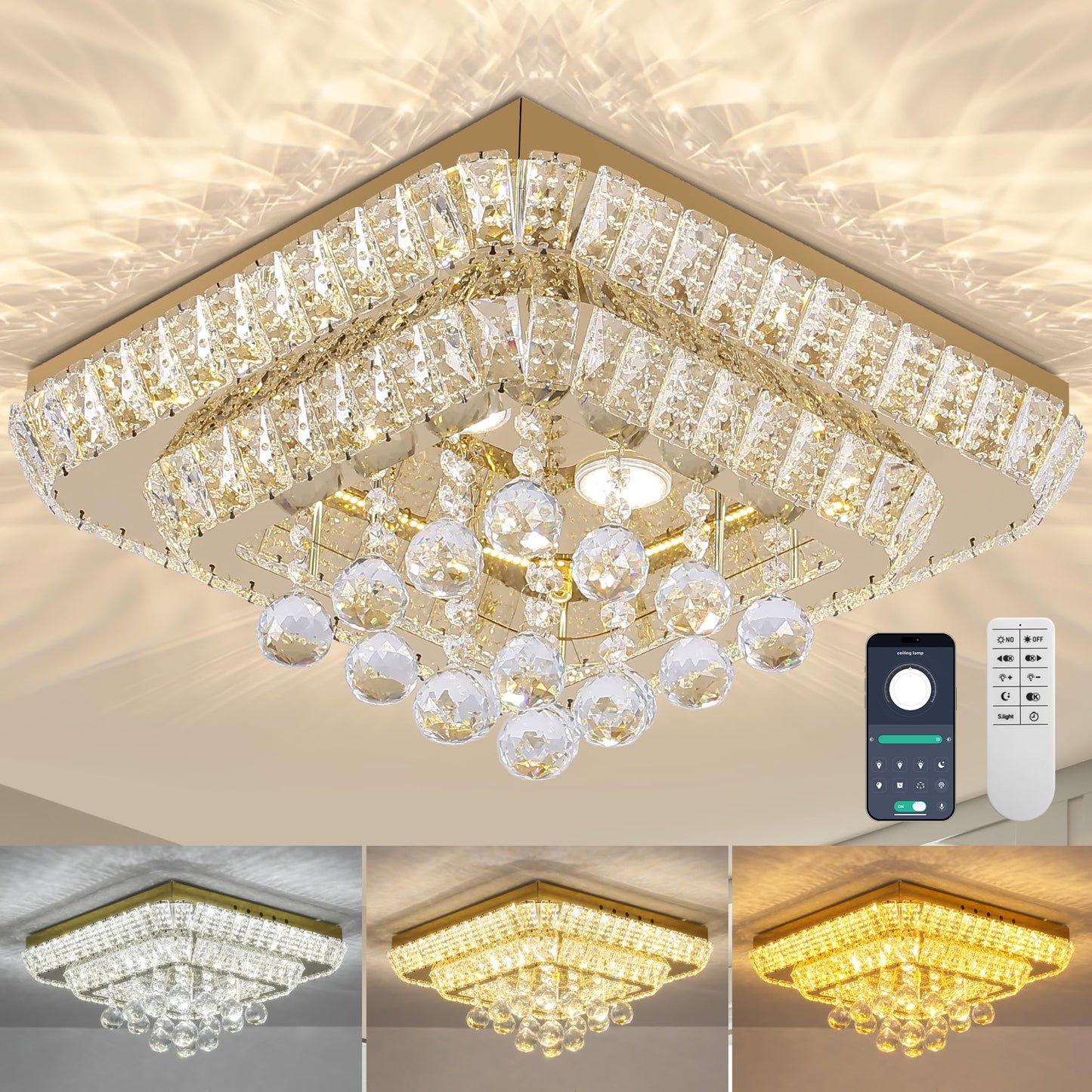 REDSTAR 18in Gold Crystal Flush Mount Ceiling Light, K9 Crystal & Stainless Steel, Remote & APP Control, Model A228-18in-GD