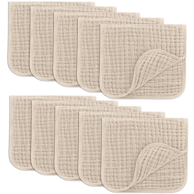 Comfy Cubs Muslin Burp Cloths 20" x 10", Pack of 10 - Large, 6-Layer, Ultra Absorbent 100% Cotton for Baby Drool and Messes - Soft, Safe & Gentle Baby Burp Cloths for Boys & Girls - Sand