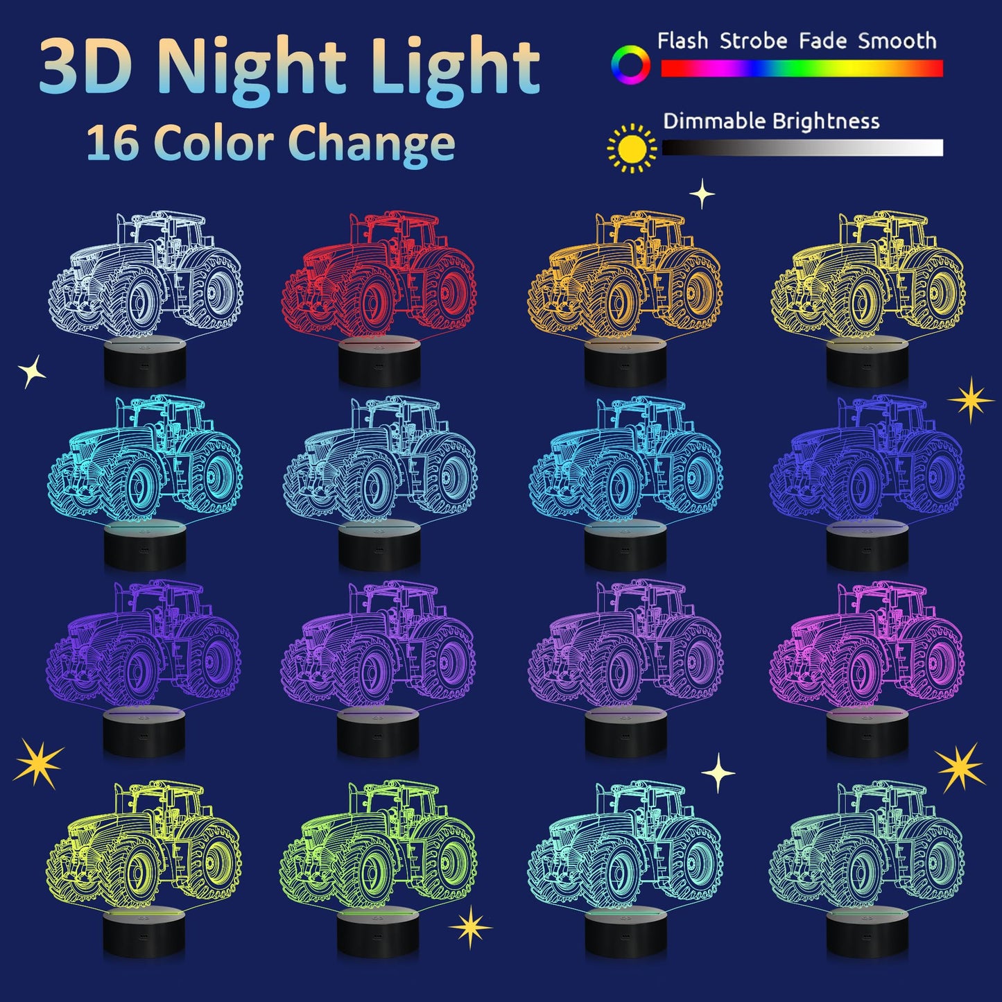 Attivolife 3D Illusion Night Lamp - 16 Color Changing, Dimmable Hologram, Usb Charge, Tractor Model Fs-2810-9999, Creative Gift For Kids