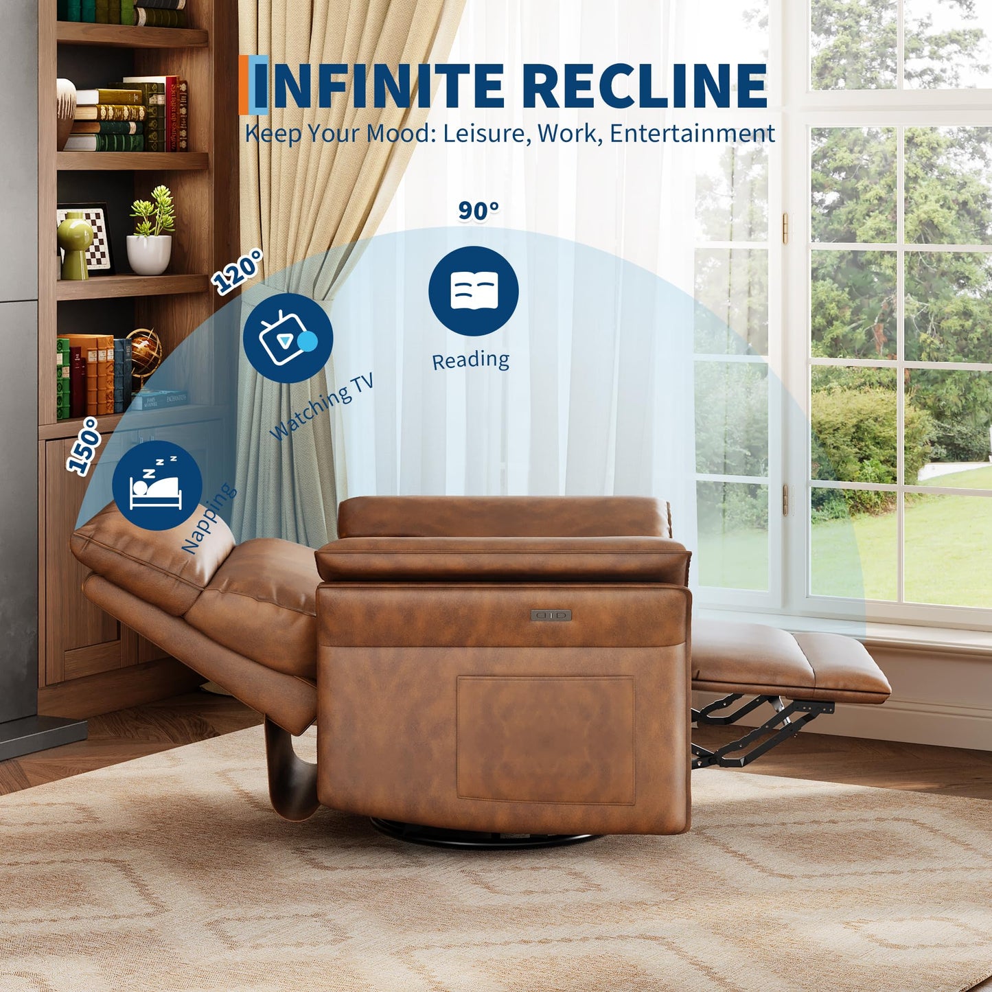 IDEALHOUSE Power Recliner Chair with Side Pockets, 270° Swivel & Glider, USB Charging Port, PU Leather, Thickened Dual-Layer Armrests, Modern Recliner for Living Room, Bedroom (Walnut)