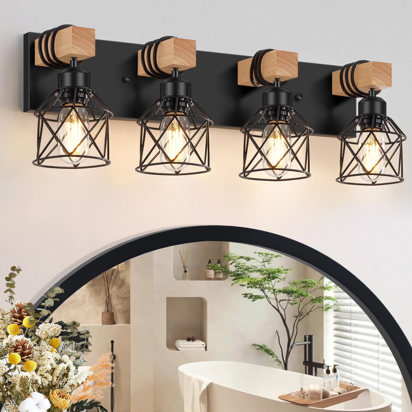 Fadimikoo 4-Light Rustic Wood Bathroom Vanity Light, Black Metal Cage Sconces, Model Fbd-07, Ideal For Hallway & Bedroom