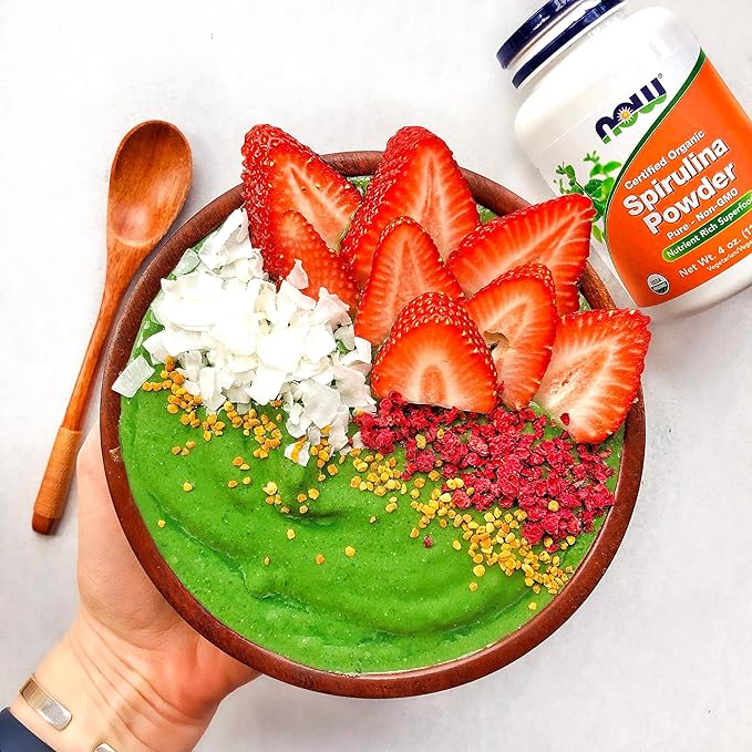 NOW Supplements, Certified Organic, Spirulina Powder, Rich in Beta-Carotene (Vitamin A) and B-12 with Naturally Occurring GLA & Chlorophyll, 4-Ounce (Pack of 2)