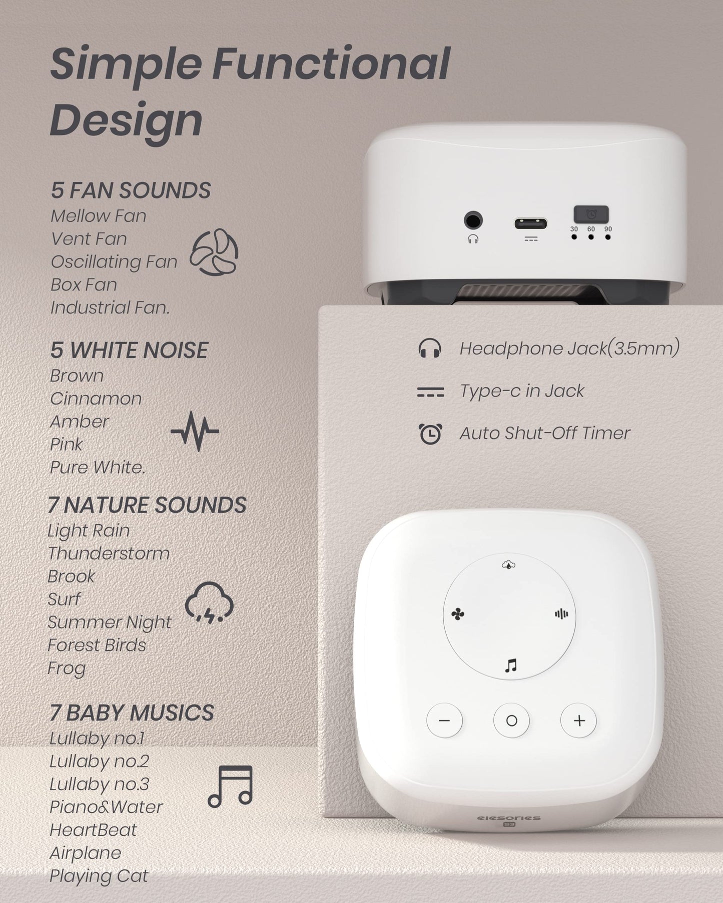 elesories White Noise Machine for Sleeping Nursery Office Home, Memory Function, Sleep Timer, Sound Machine with 20 Soothing Sounds, Sound Machine Baby Sleep Therapy Powered by AC or USB