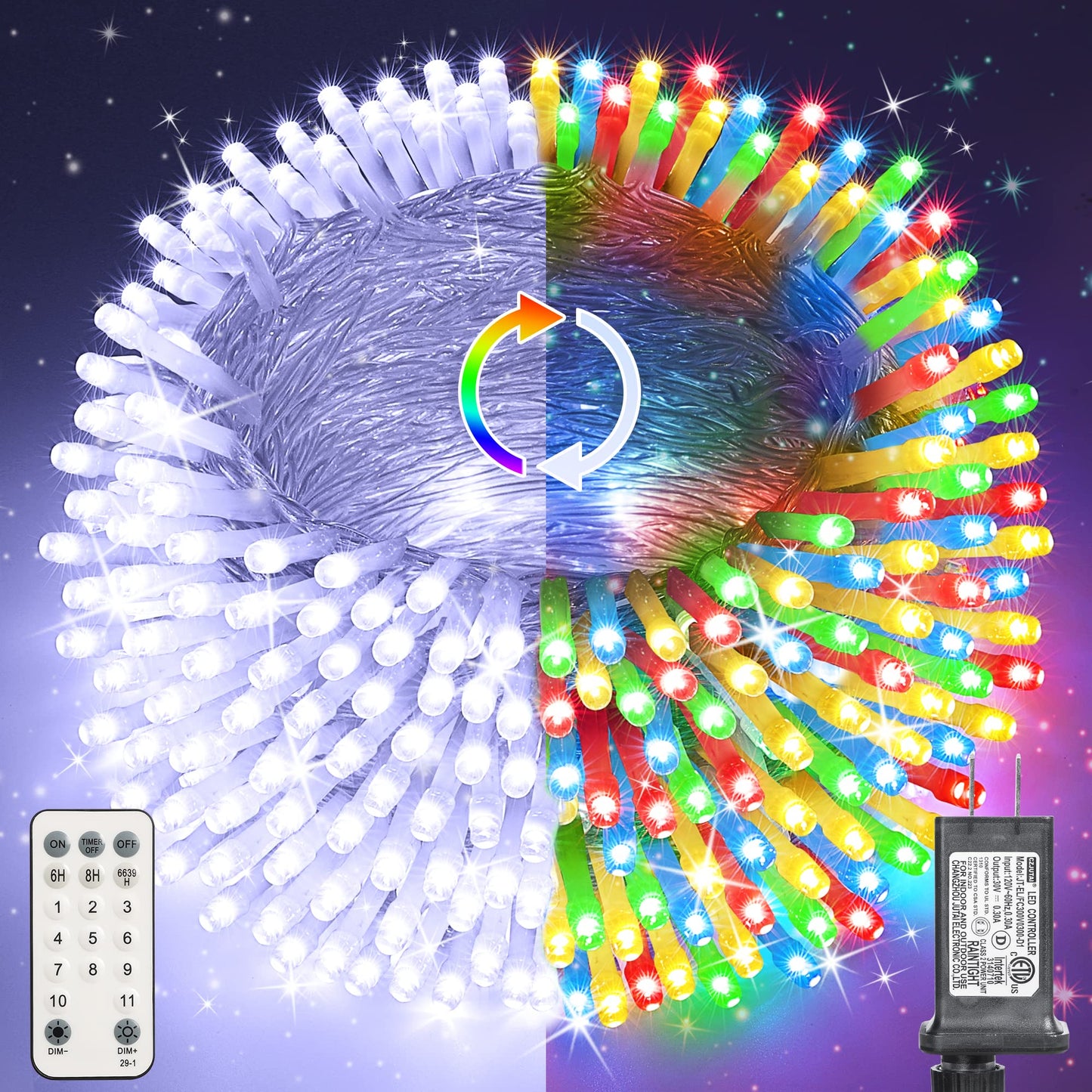 Jnaurb Color Changing Christmas Lights, 175ft, 500 LED, Waterproof, Remote, 11 Modes, White & Multicolor, Model LED0823500