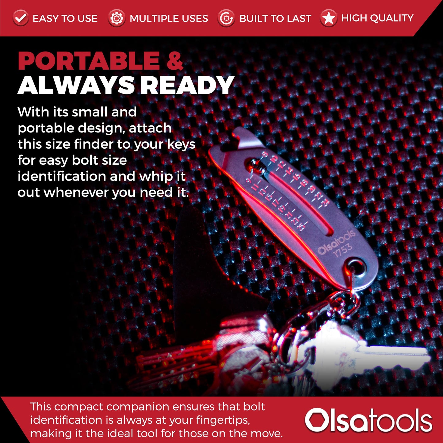 Olsa Tools Bolt Size Finder Keychain - Precision with Accurate Metric (8-25mm) and SAE (5/16 to 1") Measurements - Bolt Gauge - Dual-Sided - Portable Design - Gifts For Mechanics - Part: 1753
