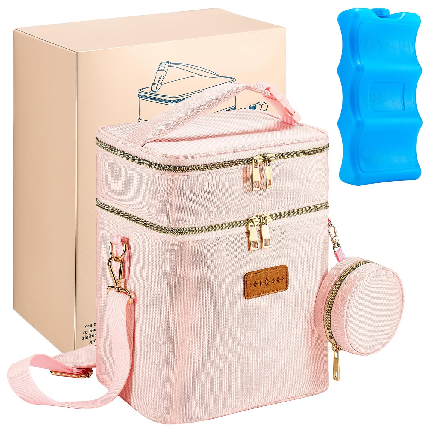 Breastmilk Cooler Bag with Ice Pack & Pacifier Case, Fits 6 Bottles up to 9 oz, Double Layer Insulated Baby Bottle Bag for Working Nursing Moms Gift Set,Pink