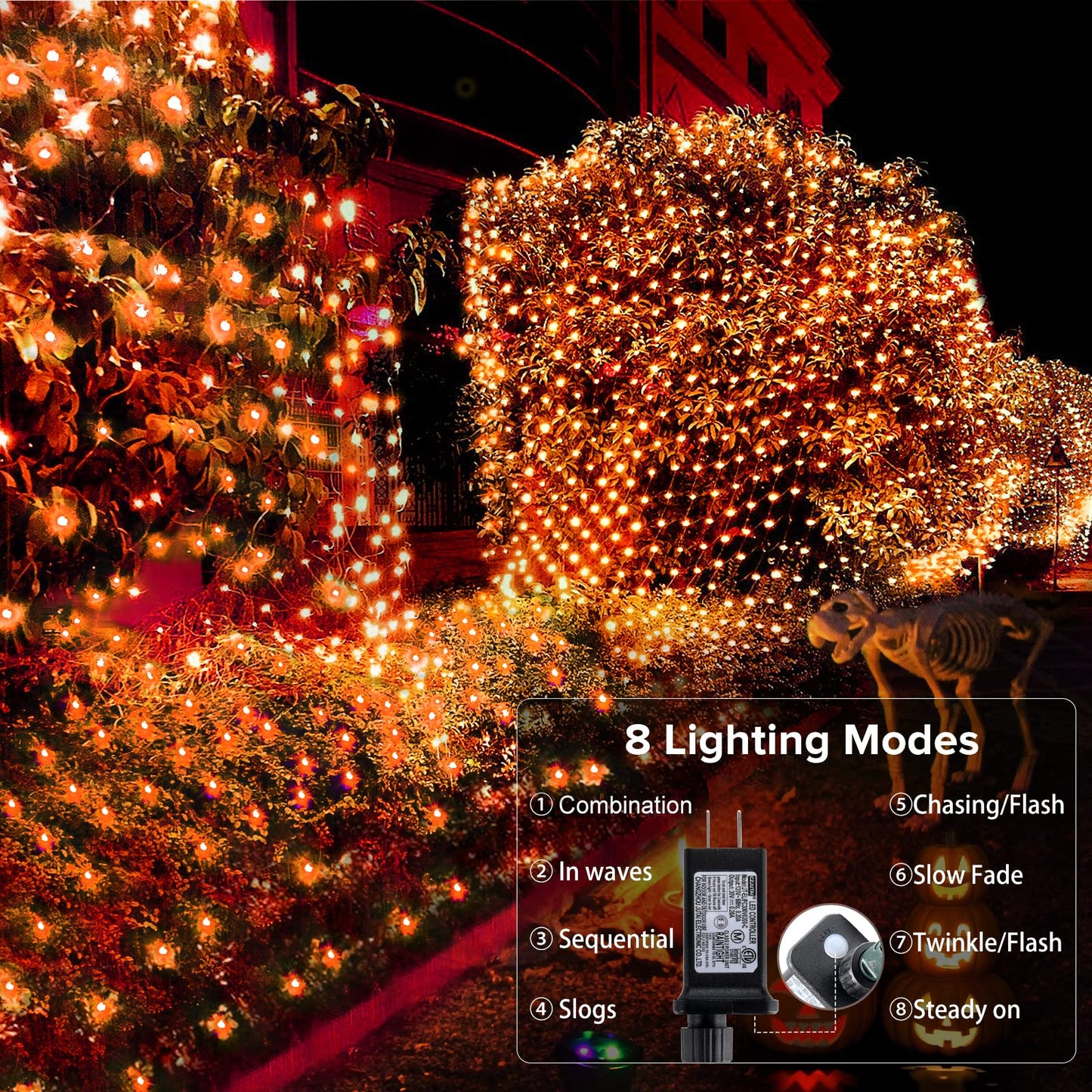 BlcTec Halloween Net Lights 360 LED 9.8ft x 6.6ft, Orange, 8 Modes, Waterproof, Dark Green Wire