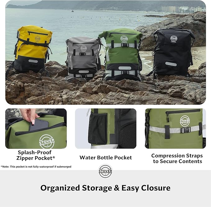 STOVER 5/10/25/30/40/55L Waterproof Dry Backpack- Large Floating Dry Bag for Kayaking, Travel, Tubing, Hiking, Fishing, Camping, Motorcycles & the Beach, Heavy-Duty Roll Top Men/Women (Green)