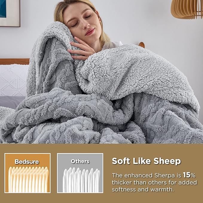 Bedsure Sherpa Fleece Throw Blanket for Couch - GentleSoft Fluffy & Cozy Cable Jacquard Tufted Throw for Women Gift, Thick and Warm Blankets for Winter, Grey, 50x60 Inches