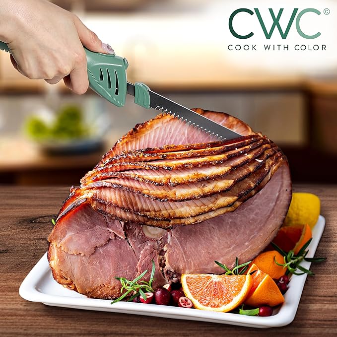 COOK WITH COLOR Electric Knife, 100W Power, Dual Stainless Steel Blades for Precise Cutting, Ergonomic Handle, Low Noise and Vibration, Ideal for Bread, Meat, and Vegetables, Green