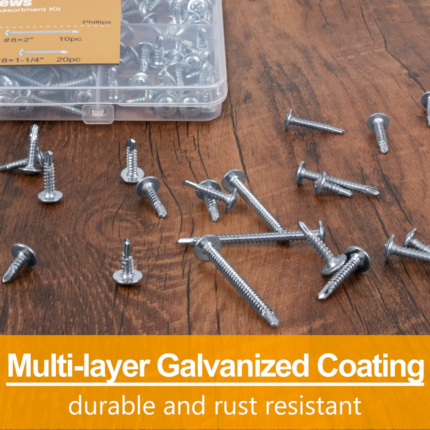 KURUI Self Tapping Screws Assortment Kit, #8 sheet metal screws for Metal Wood & plastic, 125Pcs Galvanized Phillips Truss Head Self Drilling Screws in 5 Sizes (1/2, 3/4, 1-1/4, 1in, 2in)
