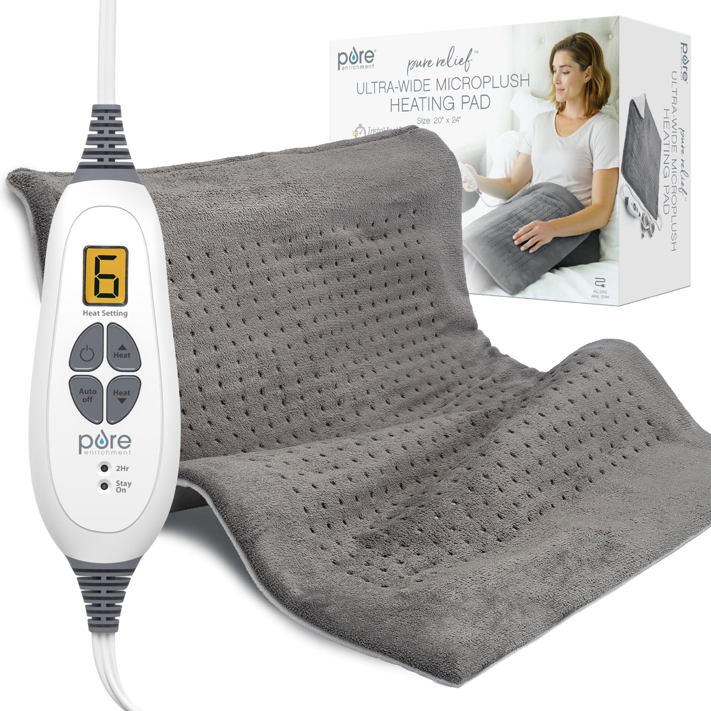 Pure Enrichment PureRelief Ultra-Wide Microplush Heating Pad - 20” x 24” XXL Size & 6 Heat Settings for Temporary Neck, Shoulder & Back Pain Relief - Moist Heat Option & Machine Washable (Gray)