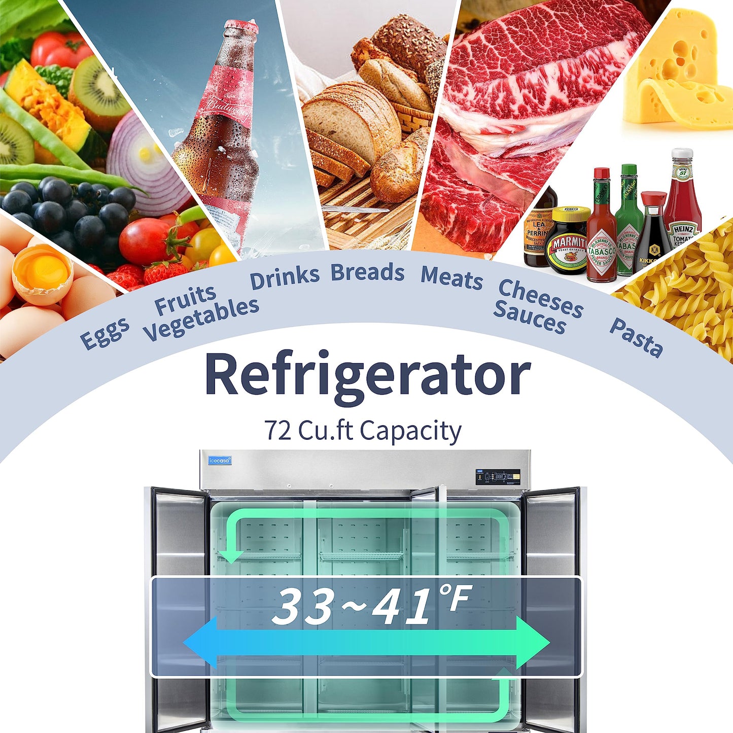ICECASA 82" W Commercial Refrigerator Reach-in 72 Cu.ft 3 Solid Door Stainless Steel Commercial Refrigerator Fan Cooling for Restuarant, Bar, Shop, etc